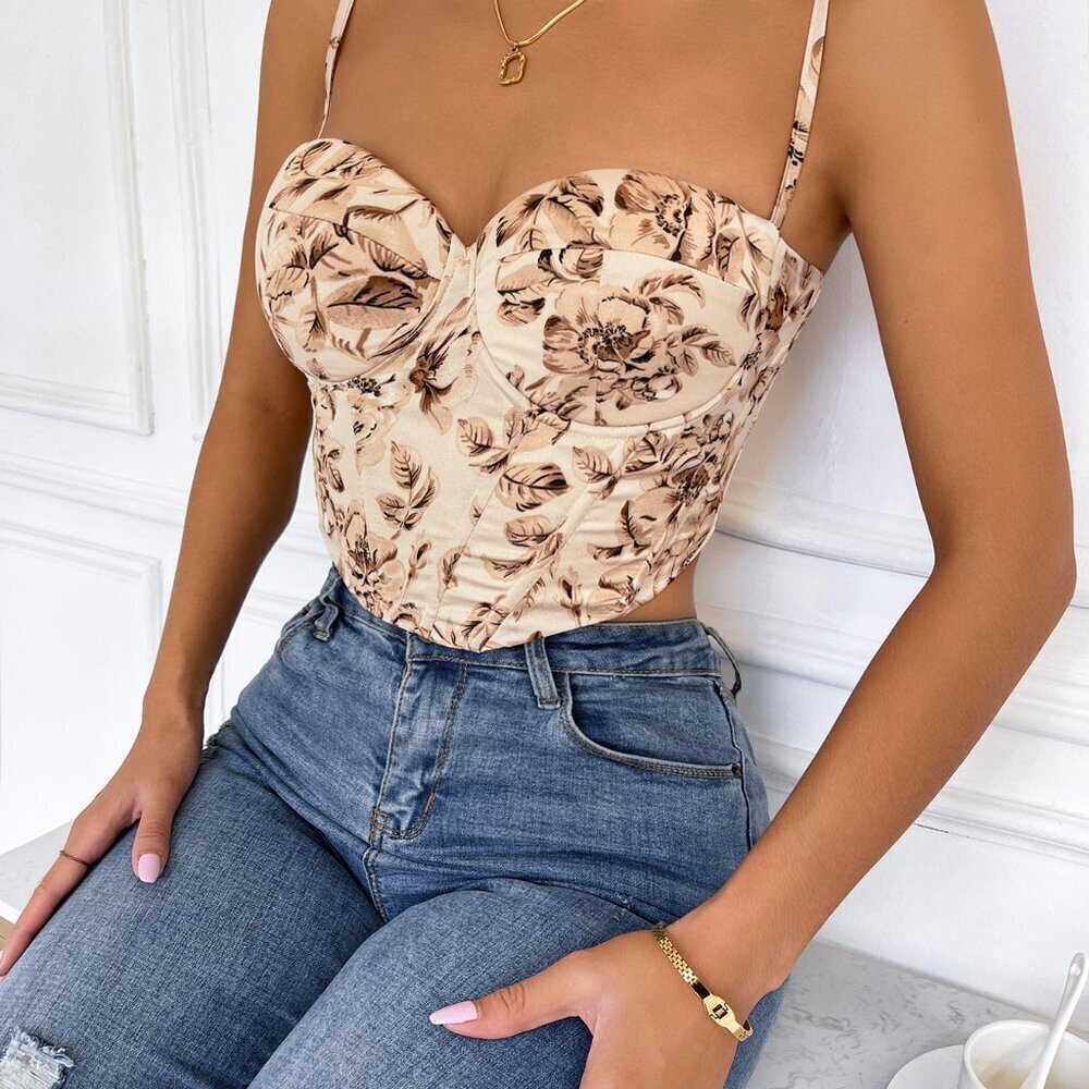 Multicolor Boho Women's Floral Print Lace Up Back Crop Cami Top - Picture 4 of 6